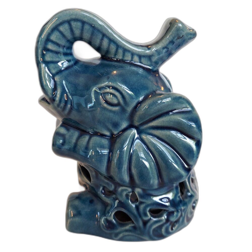 Ceramic Elephant Figurine Teal Blue Trunk Up Good Luck Incense 6"